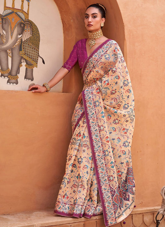 Contemporary Brasso Peach Purple Fancy Work Saree