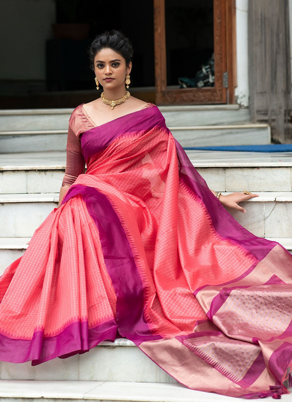 Trendy Saree Silk Peach Purple Checks Saree