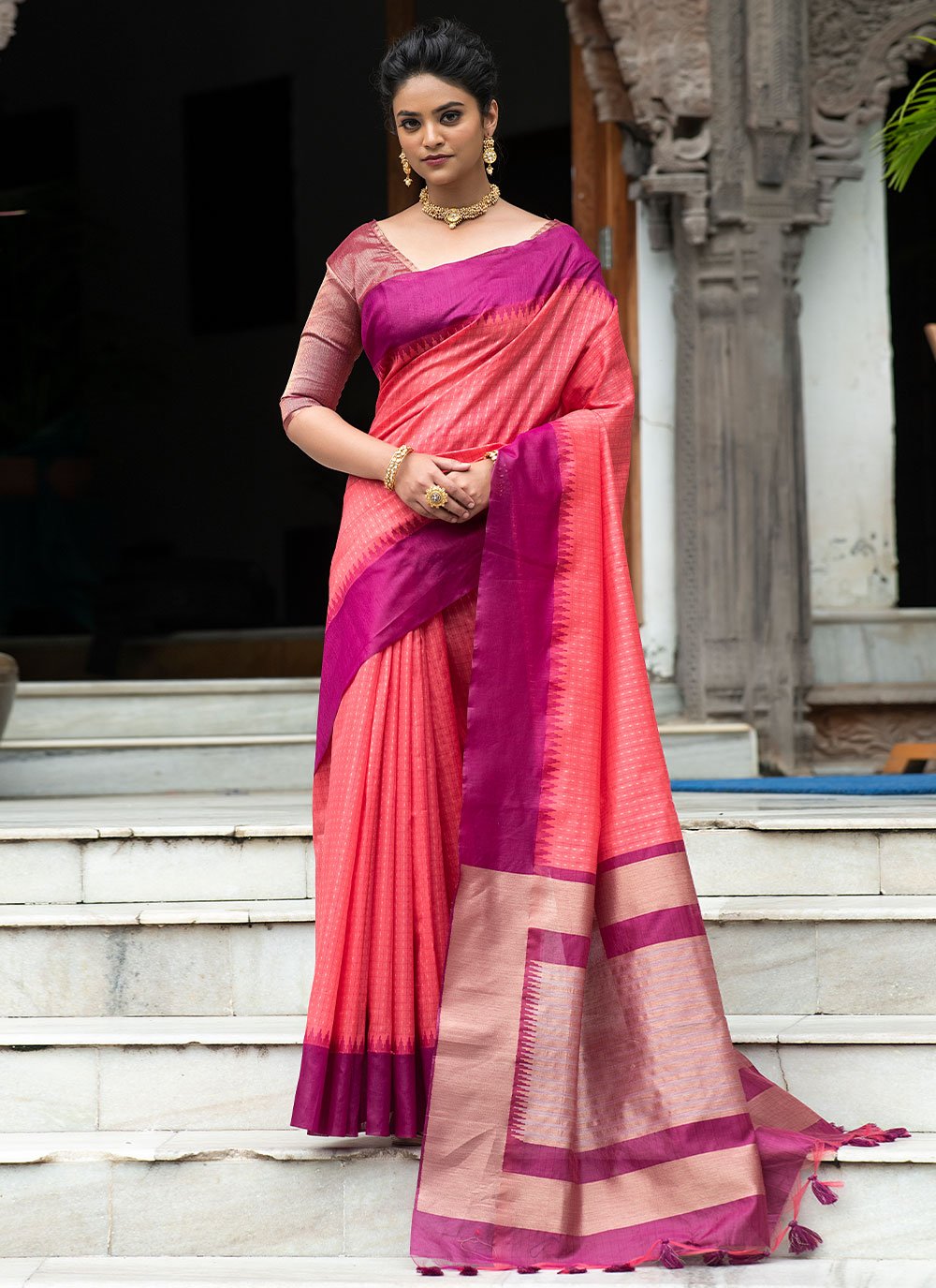 Trendy Saree Silk Peach Purple Checks Saree