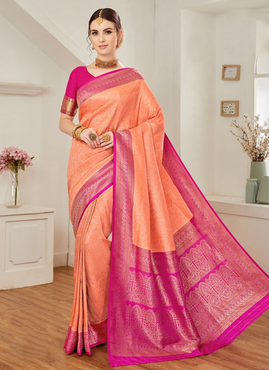 Classic Silk Peach Rani Weaving Saree