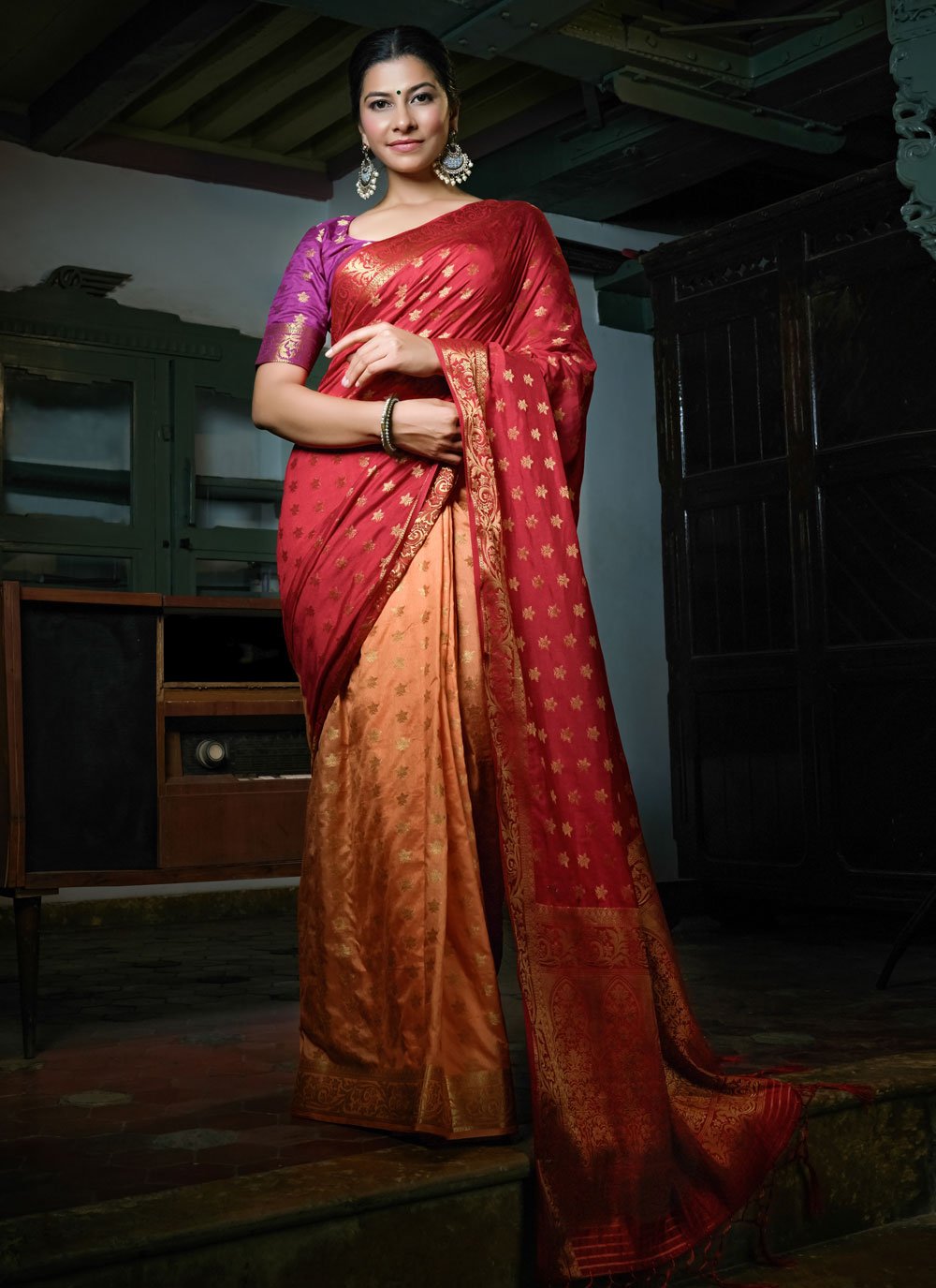 Classic Banarasi Silk Peach Red Weaving Saree