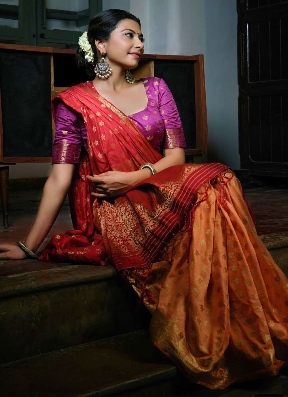 Classic Banarasi Silk Peach Red Weaving Saree