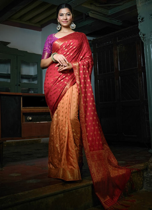 Classic Banarasi Silk Peach Red Weaving Saree