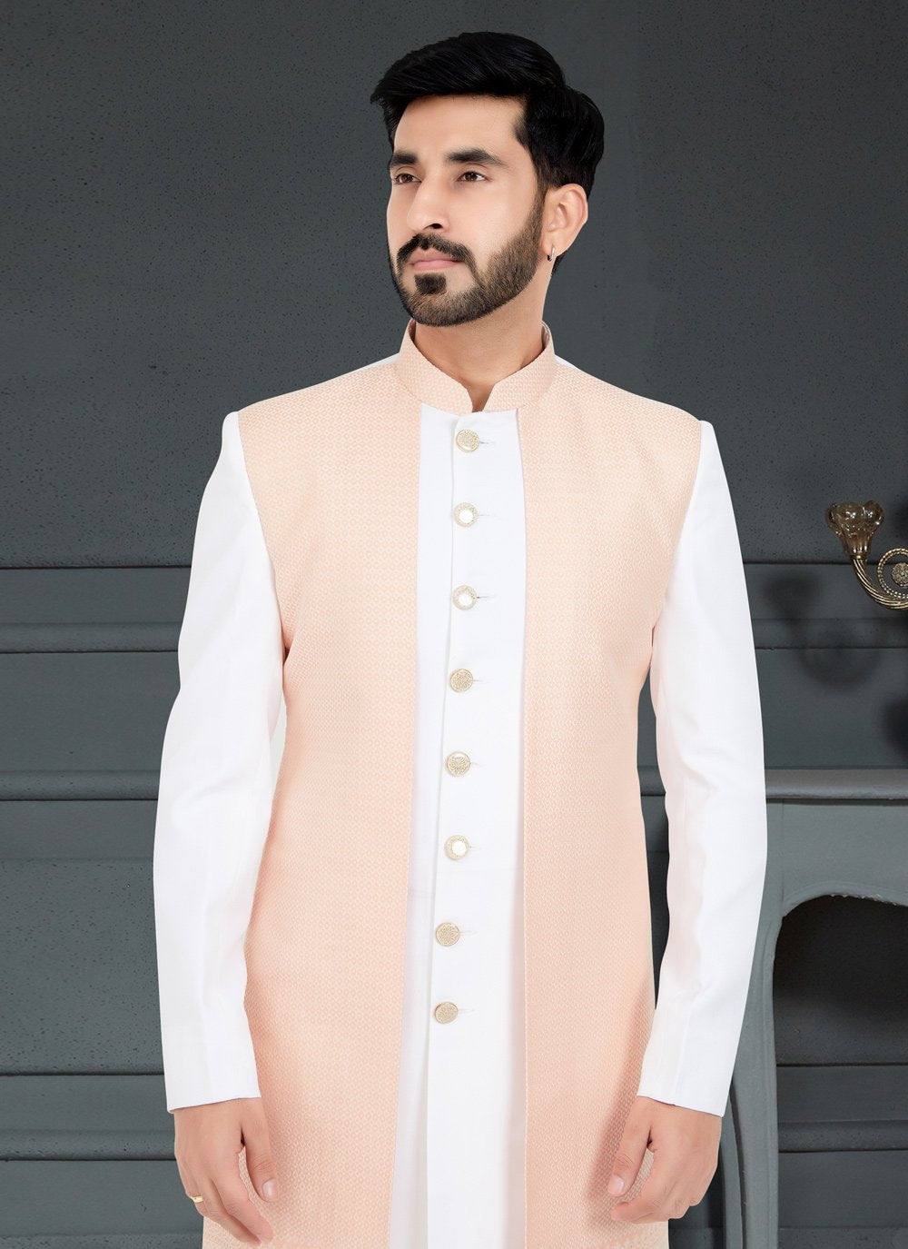 Indo Western Jacquard Peach White Weaving Mens