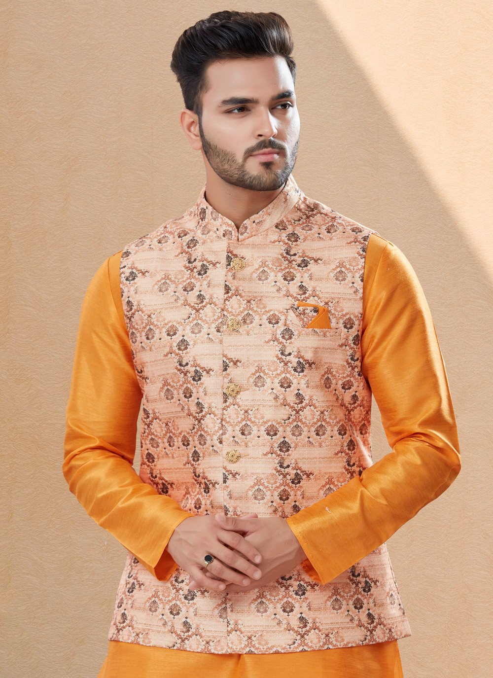 Kurta Payjama With Jacket Dupion Silk Jacquard Peach Yellow Digital Print Mens