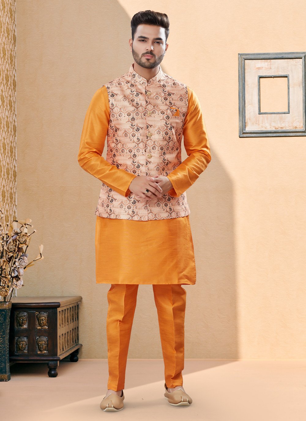 Kurta Payjama With Jacket Dupion Silk Jacquard Peach Yellow Digital Print Mens