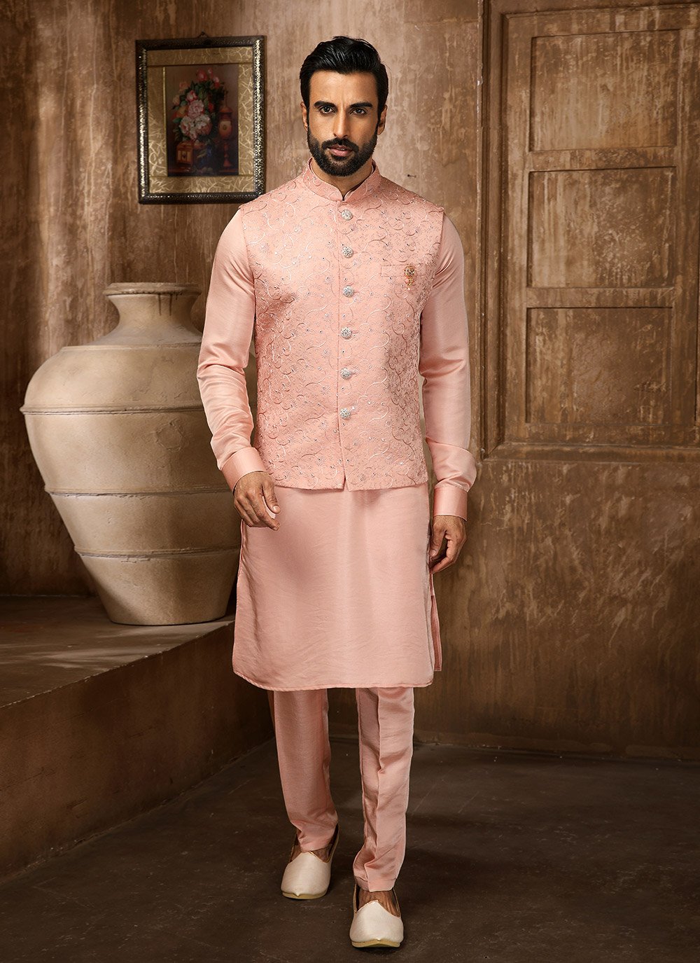 Kurta Payjama With Jacket Art Banarasi Silk Peach Embroidered Mens