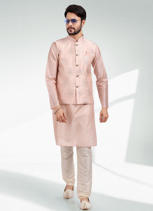 Kurta Payjama With Jacket Art Banarasi Silk Peach Thread Mens