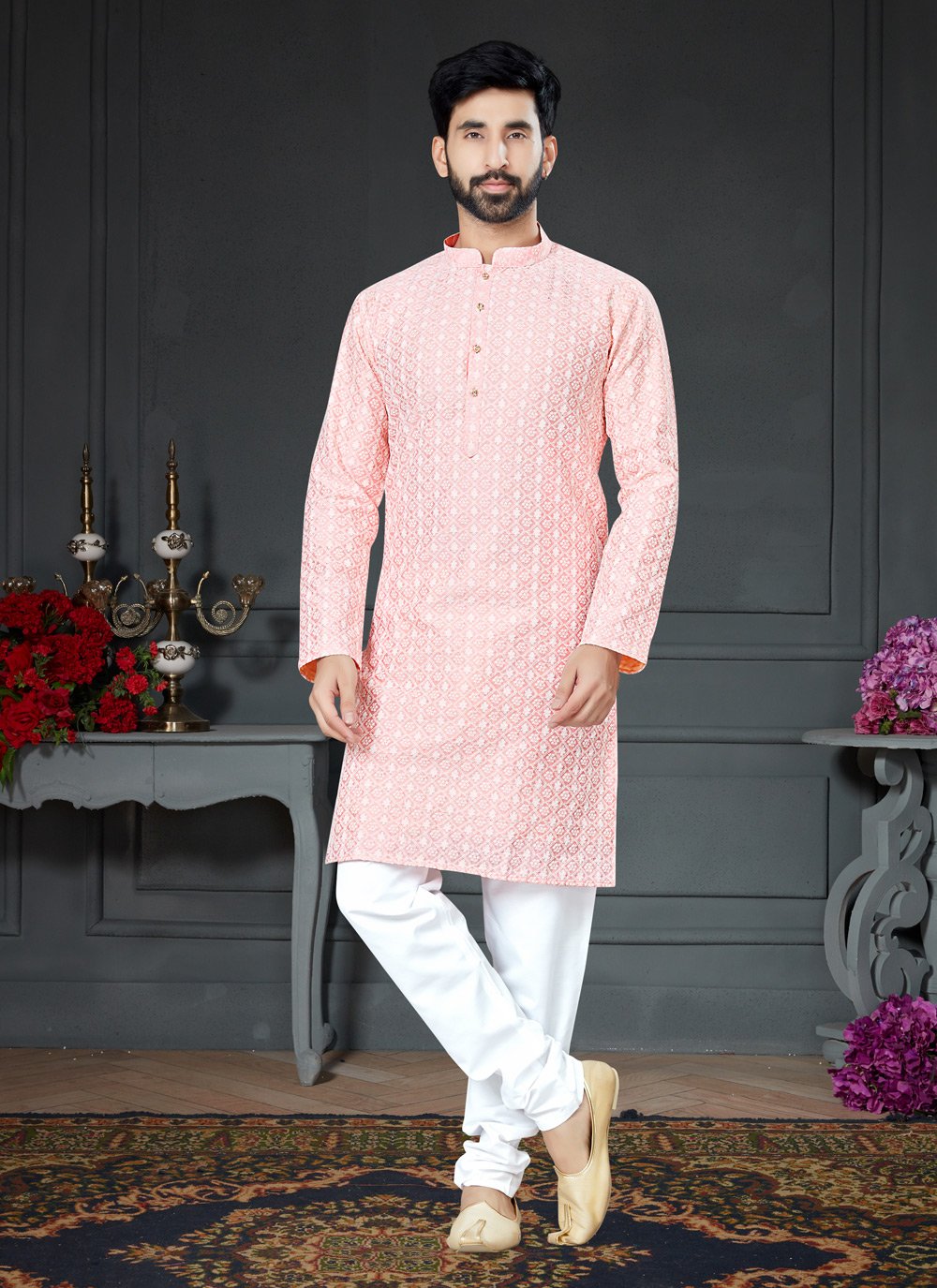 Kurta Pyjama Art Silk Cotton Peach Embroidered Mens