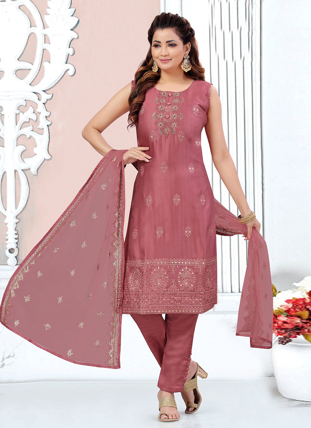 Salwar Suit Art Silk Peach Embroidered Salwar Kameez