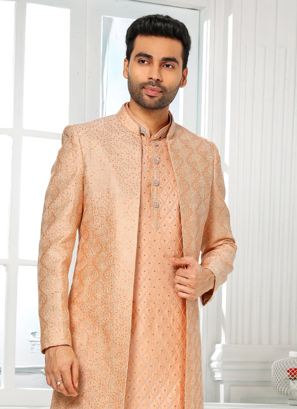 Indo Western Art Silk Peach Machine Embroidery Mens