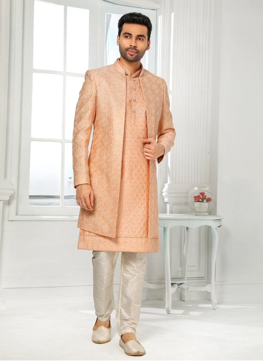 Indo Western Art Silk Peach Machine Embroidery Mens