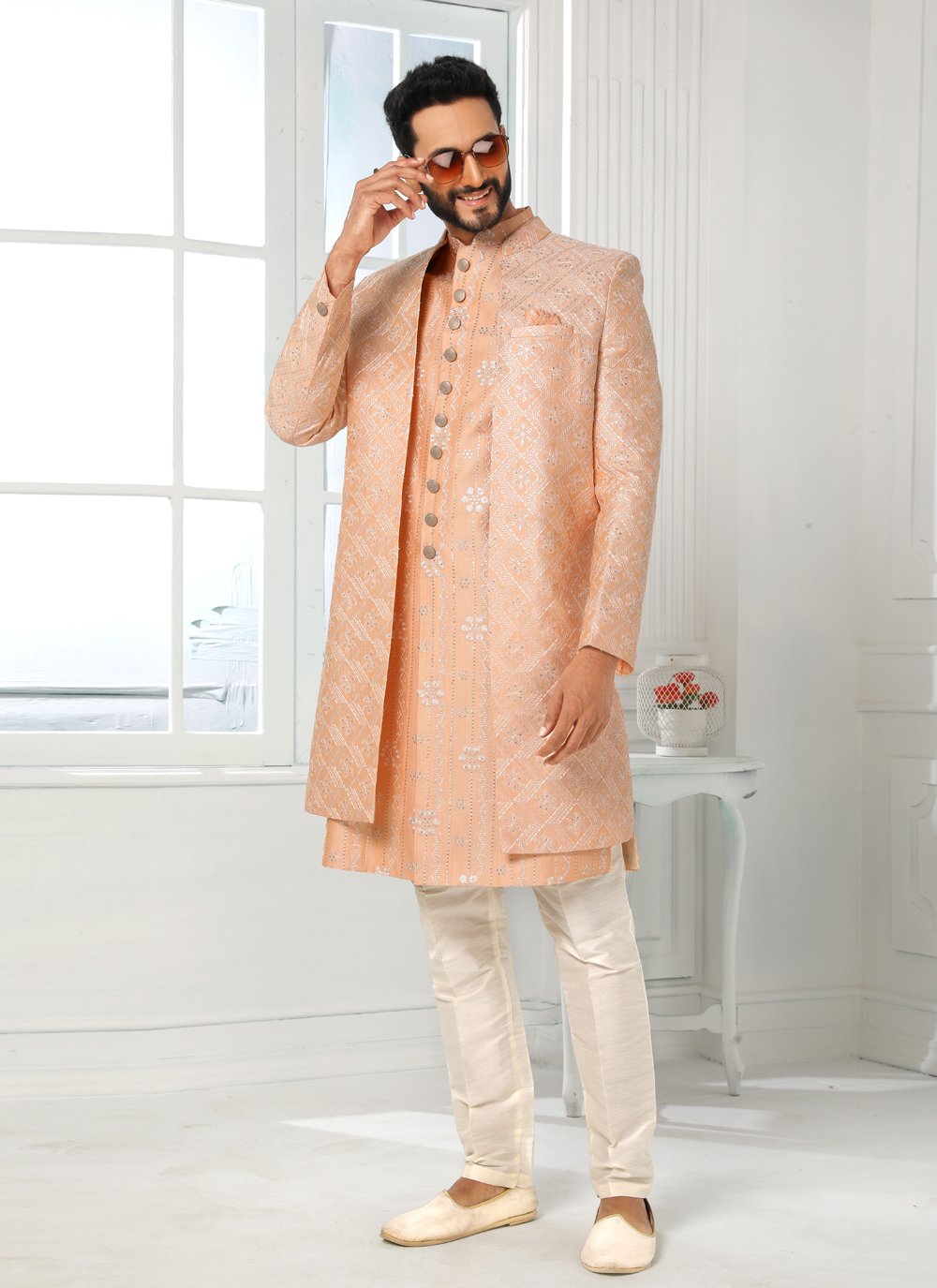 Indo Western Art Silk Peach Machine Embroidery Mens