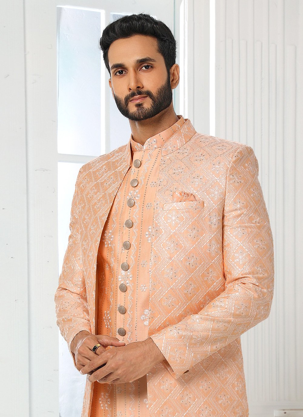 Indo Western Art Silk Peach Machine Embroidery Mens