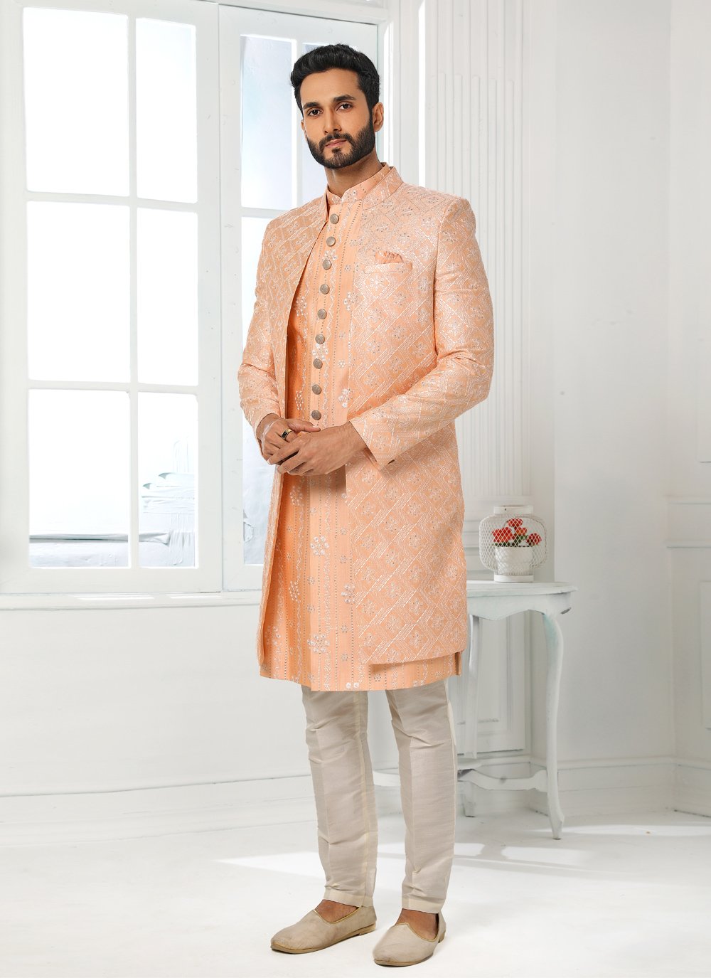 Indo Western Art Silk Peach Machine Embroidery Mens