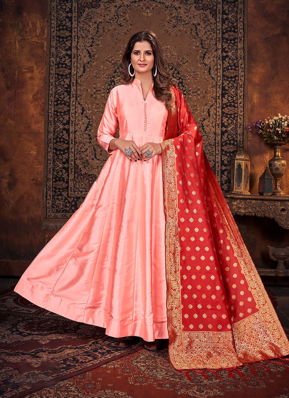 Salwar Suit Art Silk Peach Plain Salwar Kameez