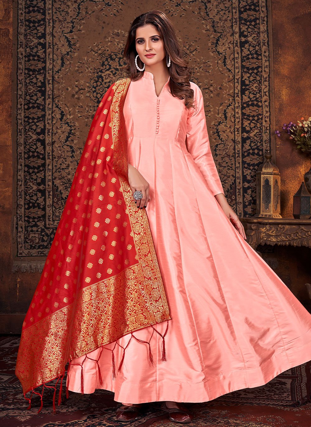 Salwar Suit Art Silk Peach Plain Salwar Kameez