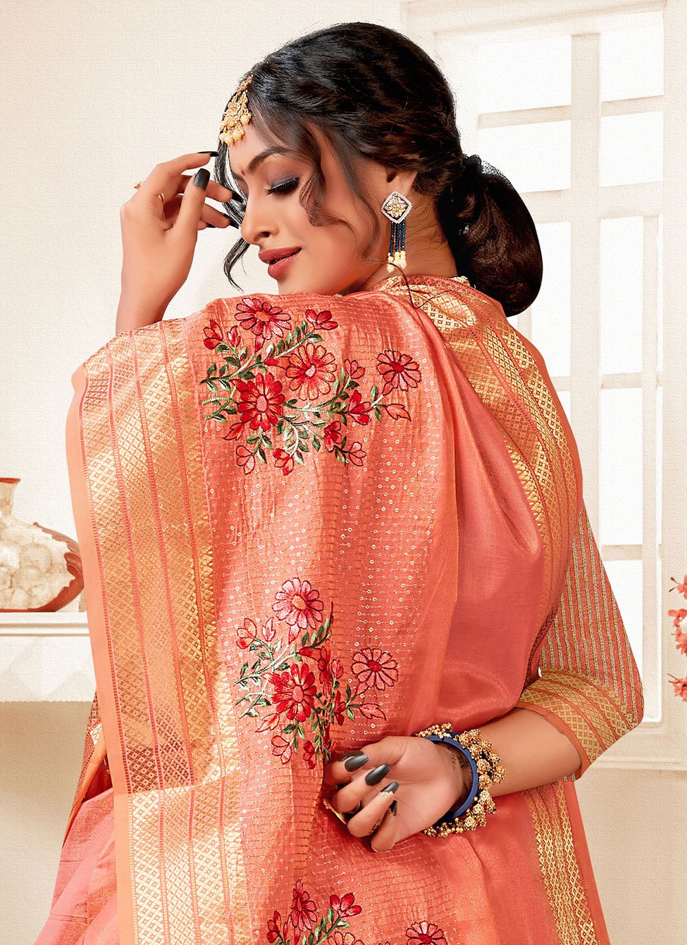 Classic Art Silk Peach Embroidered Saree