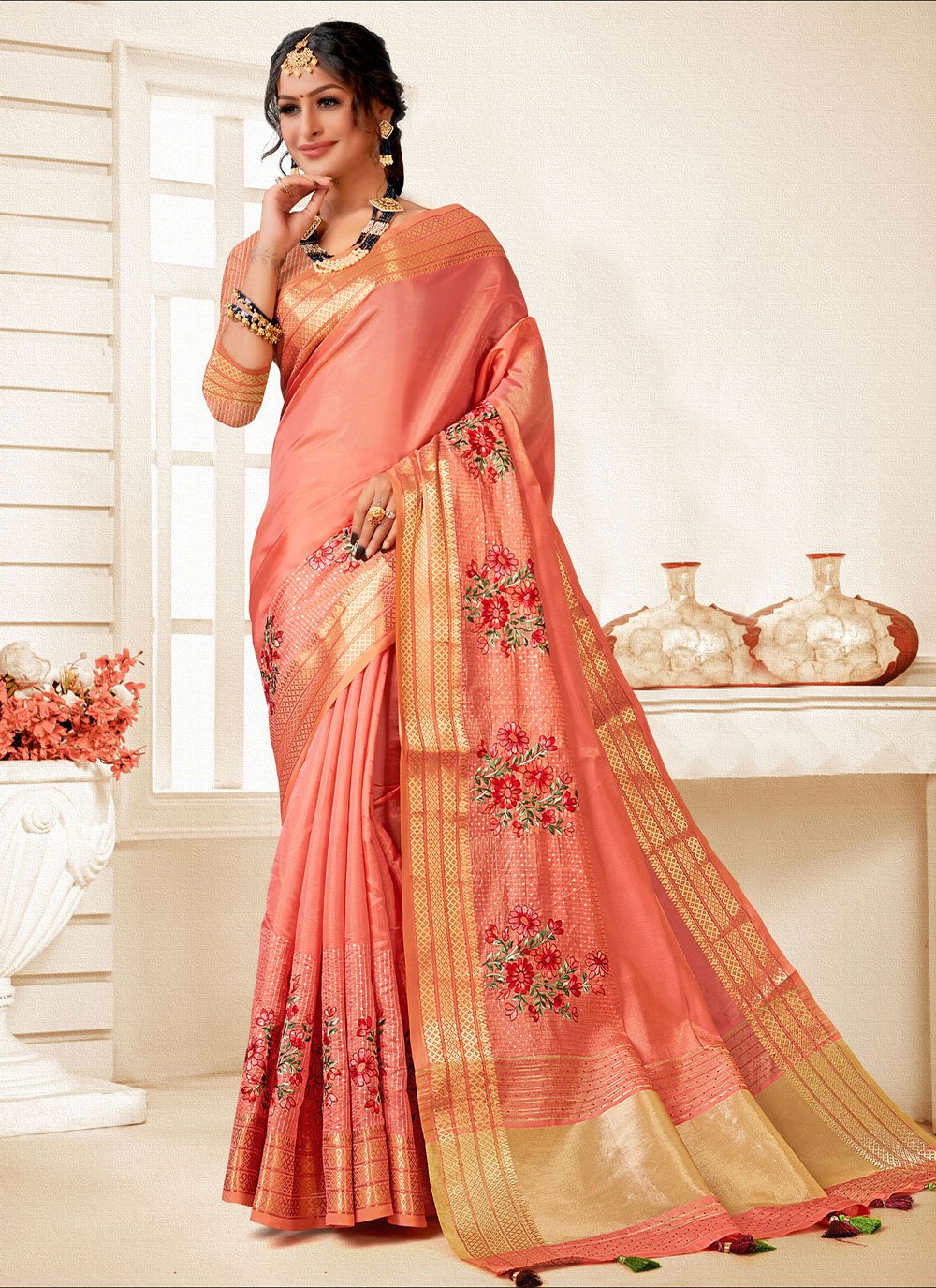 Classic Art Silk Peach Embroidered Saree