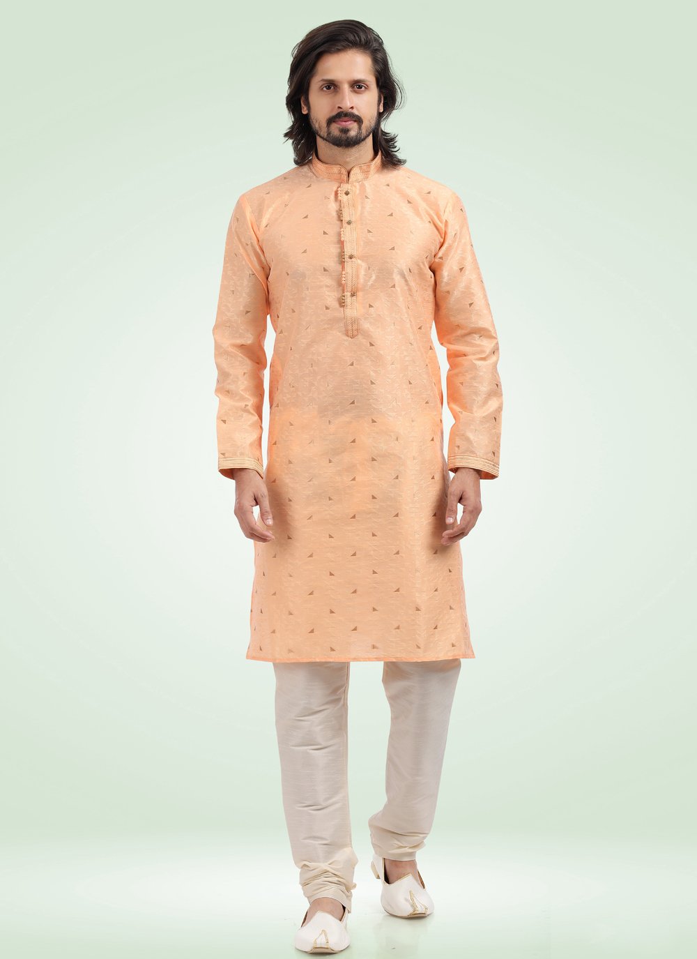 Kurta Pyjama Banarasi Jacquard Peach Fancy Work Mens