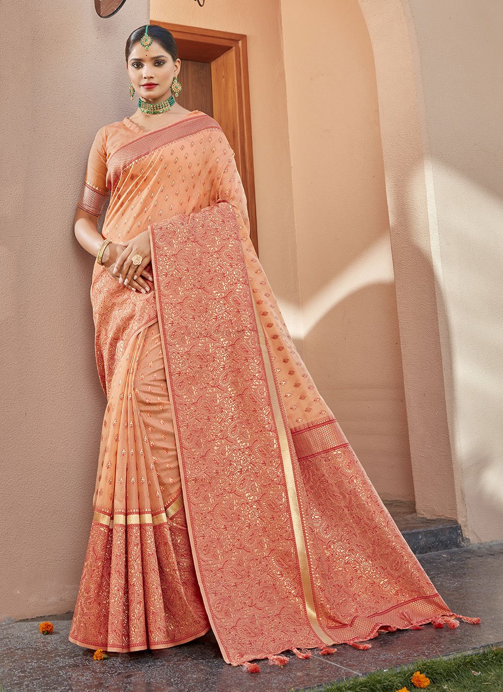 Traditional Saree Banarasi Silk Peach Weaving Saree