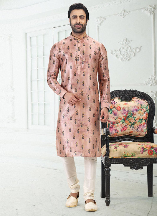 Kurta Pyjama Banarasi Silk Peach Digital Print Mens