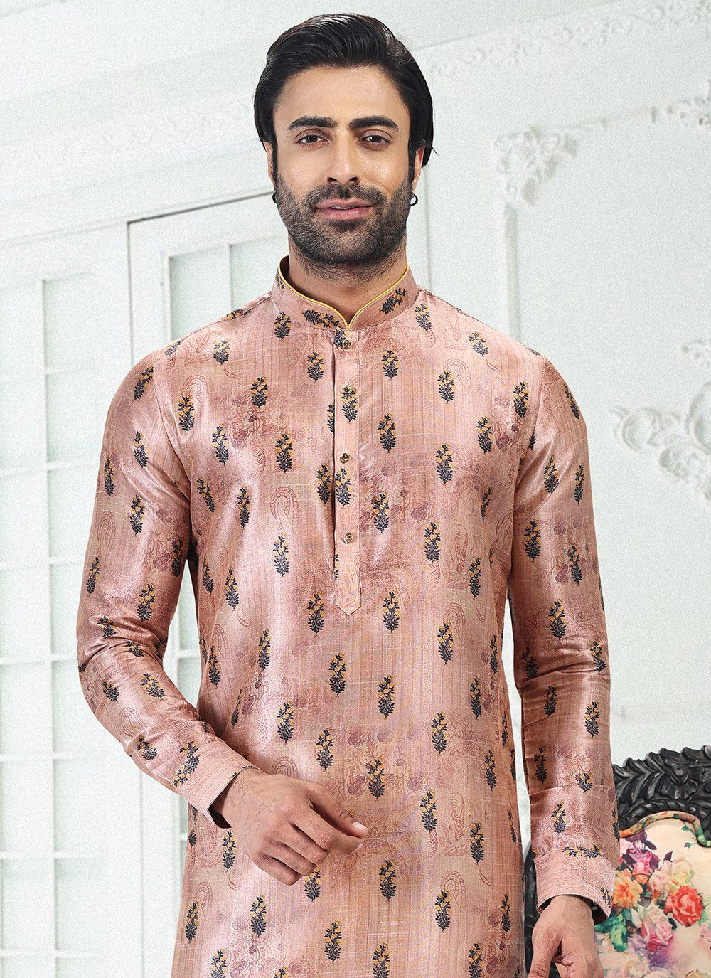 Kurta Pyjama Banarasi Silk Peach Digital Print Mens