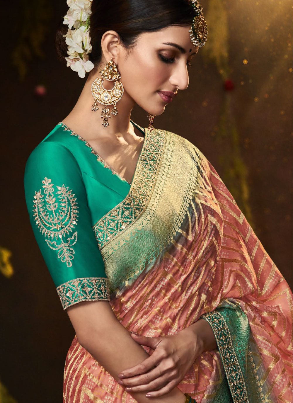 Classic Silk Peach Bandhej Saree