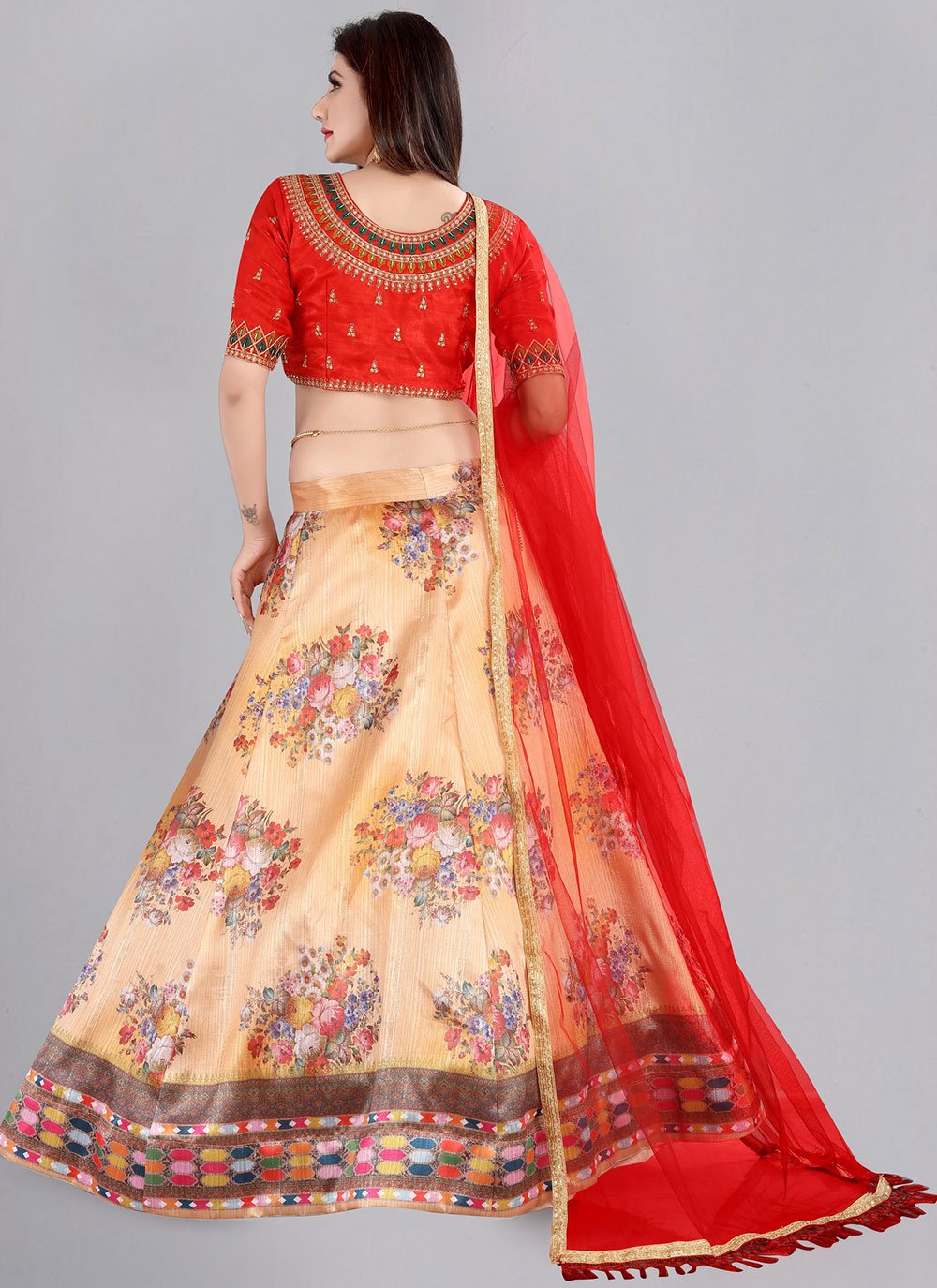 Lehenga Choli Banglori Silk Peach Floral Patch Lehenga Choli