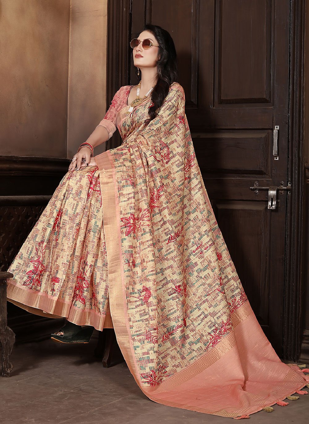 Contemporary Banarasi Silk Peach Digital Print Saree