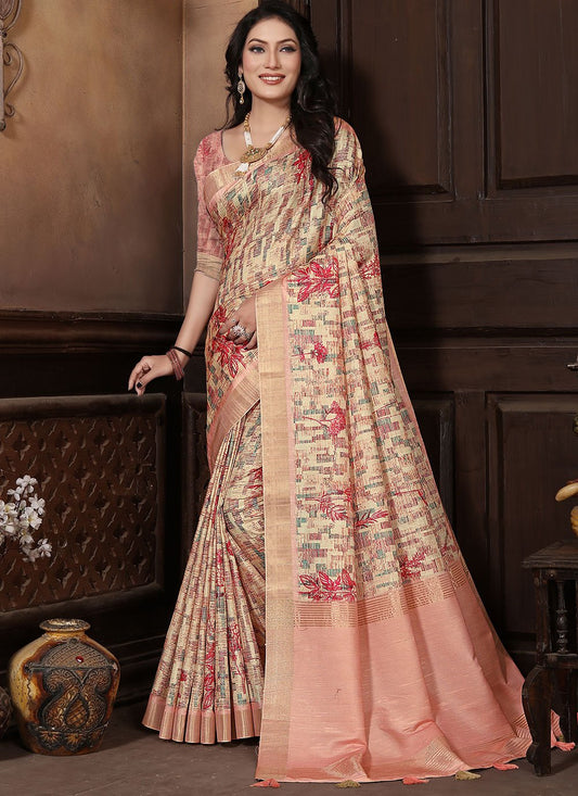 Contemporary Banarasi Silk Peach Digital Print Saree