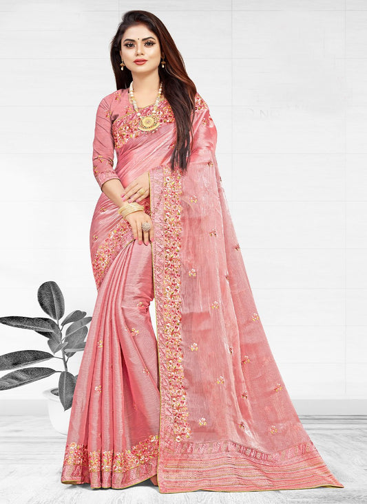 Designer Chiffon Peach Embroidered Saree