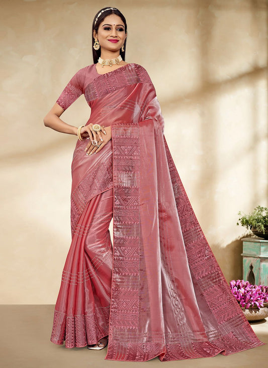 Contemporary Fancy Fabric Peach Patch Border Saree