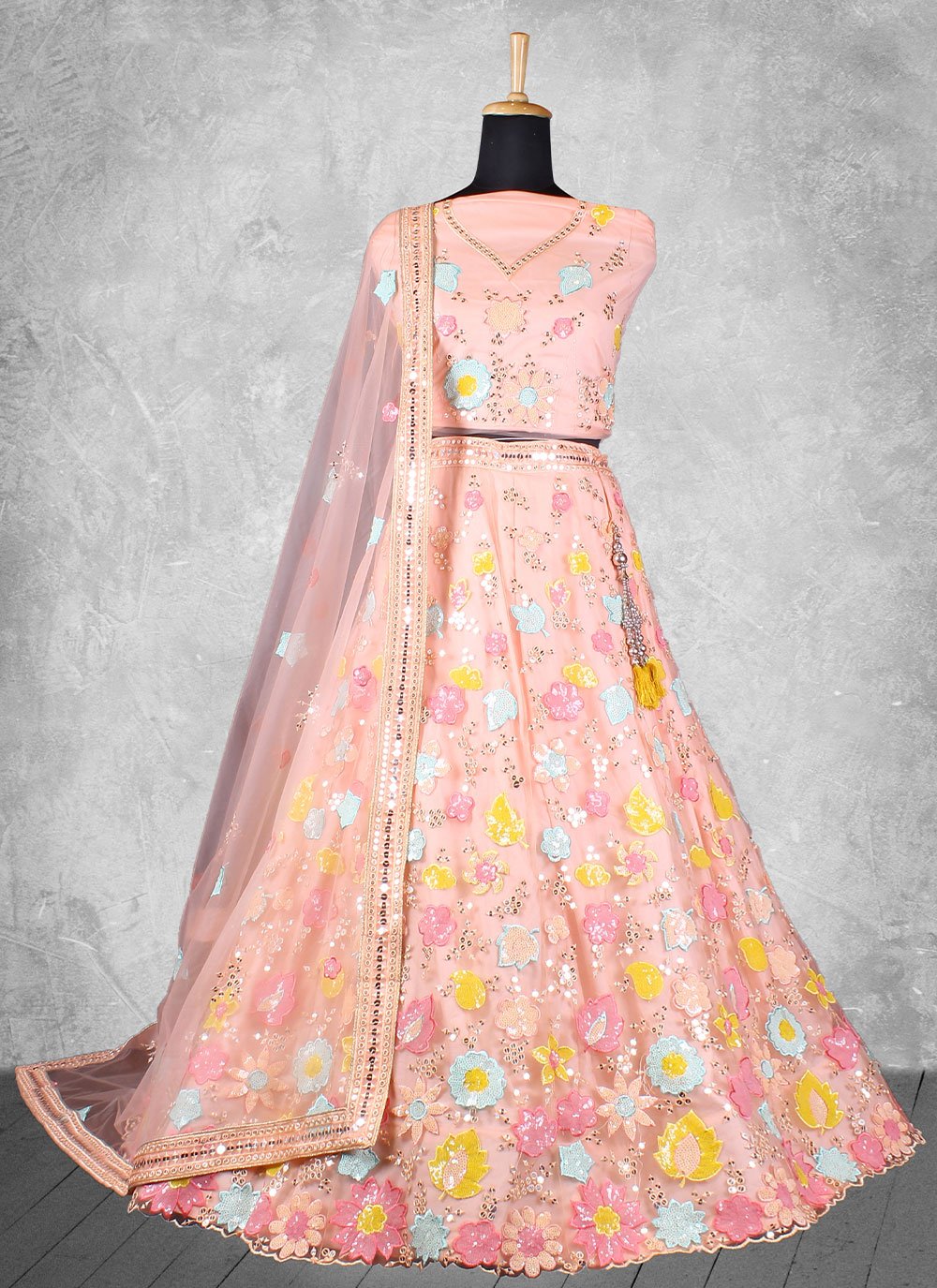 A Line Lehenga Net Peach Embroidered Lehenga Choli