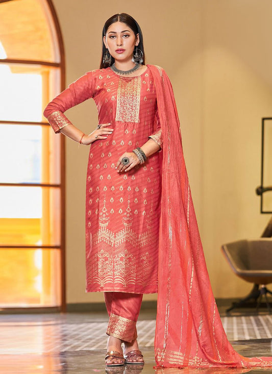 Straight Salwar Suit Art Silk Peach Foil Print Salwar Kameez