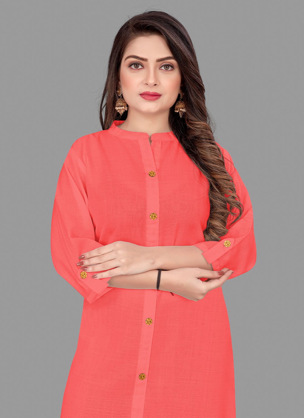 Designer Kurti Cotton Peach Plain Kurtis