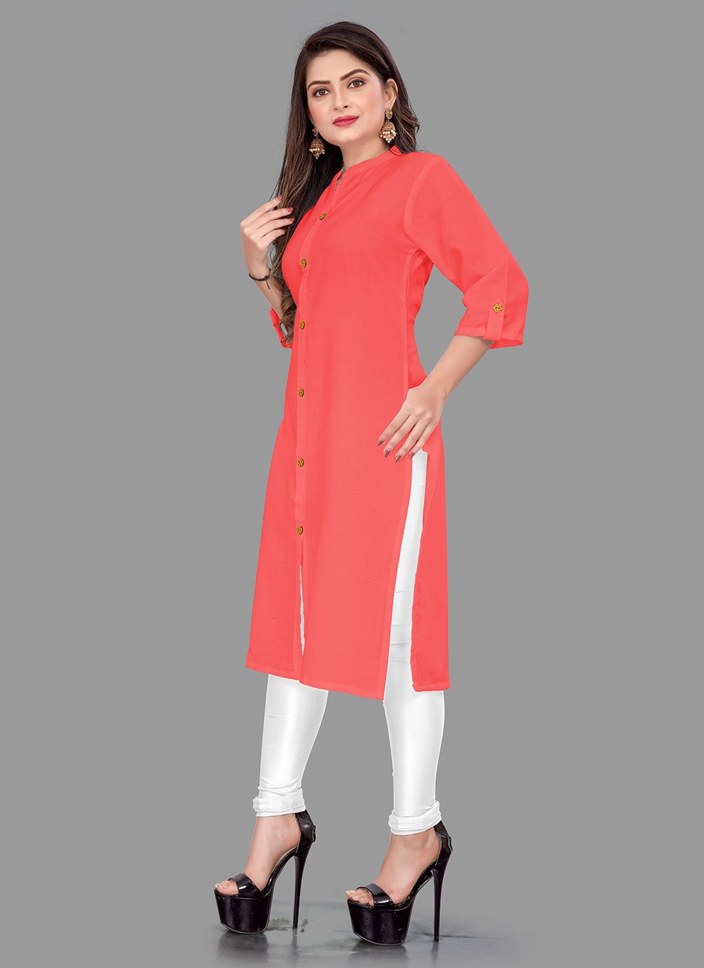 Designer Kurti Cotton Peach Plain Kurtis