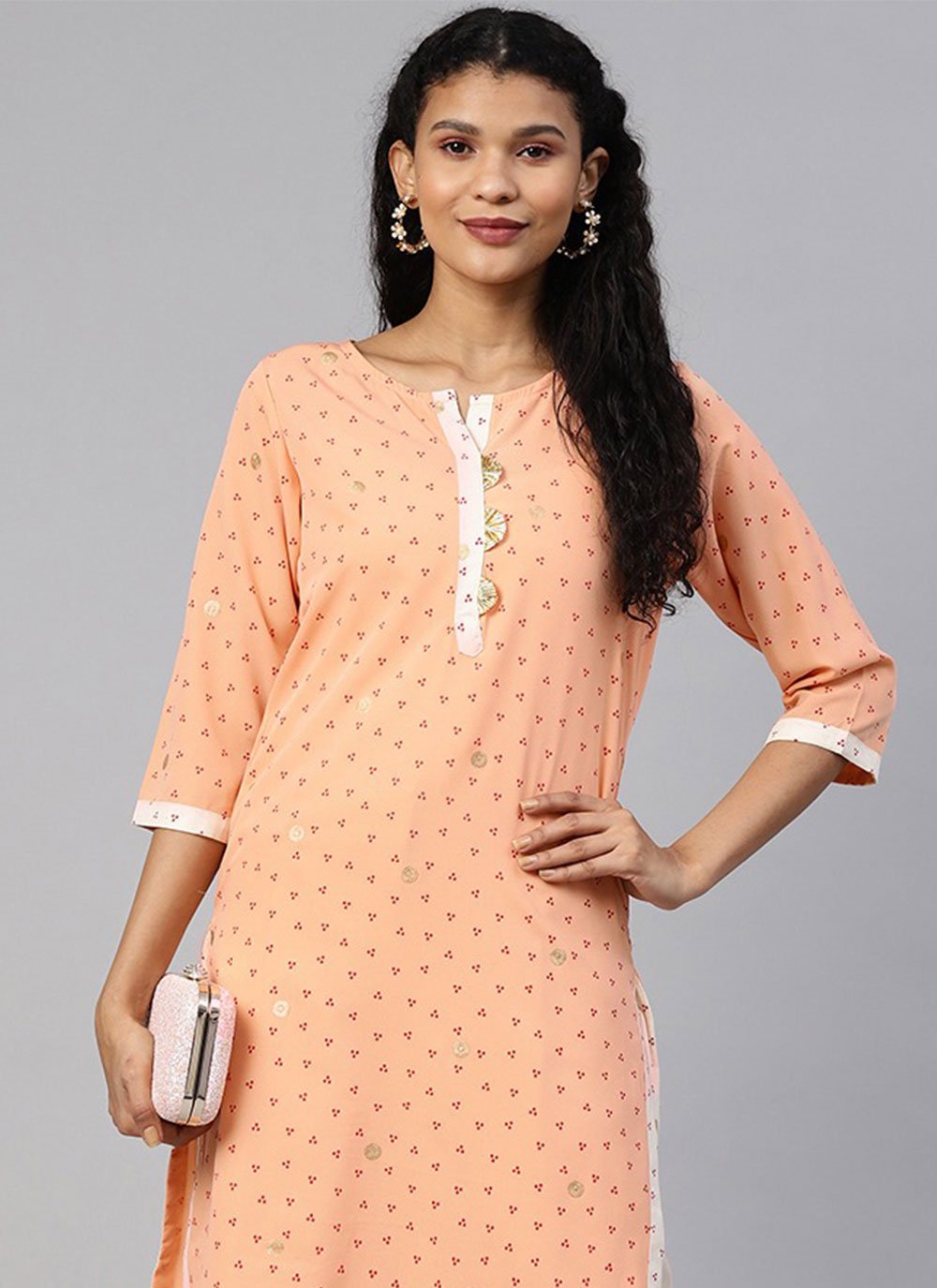 Designer Kurti Crepe Silk Peach Foil Print Kurtis