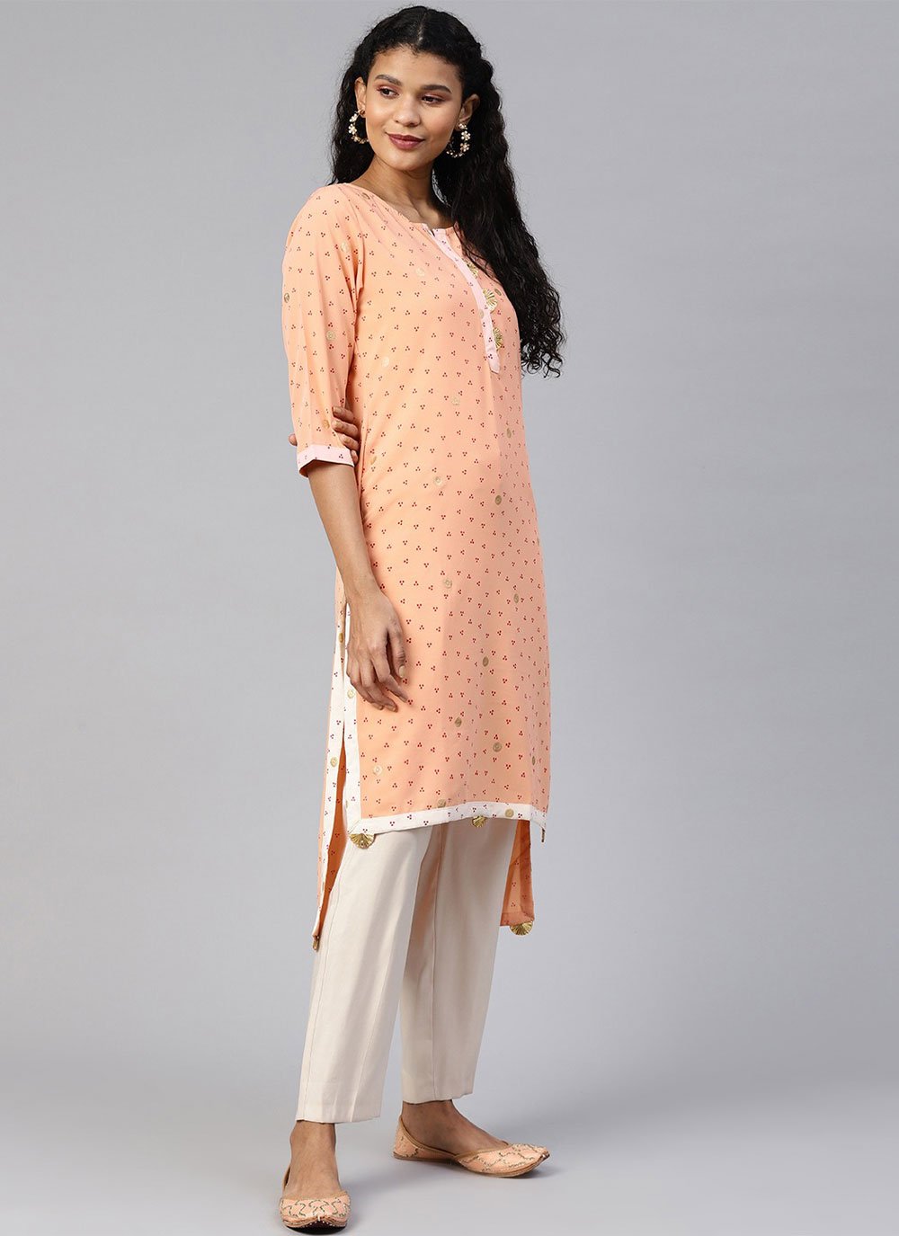 Designer Kurti Crepe Silk Peach Foil Print Kurtis