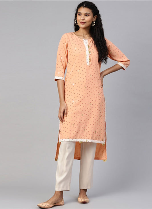 Designer Kurti Crepe Silk Peach Foil Print Kurtis