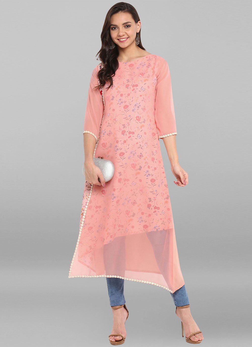 Designer Kurti Faux Crepe Peach Floral Patch Kurtis