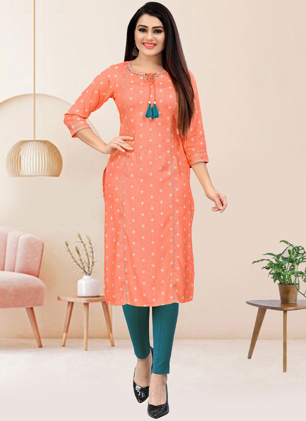 Casual Kurti Rayon Peach Print Kurtis