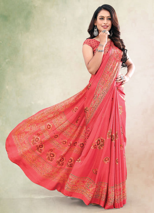 Trendy Saree Faux Crepe Peach Print Saree