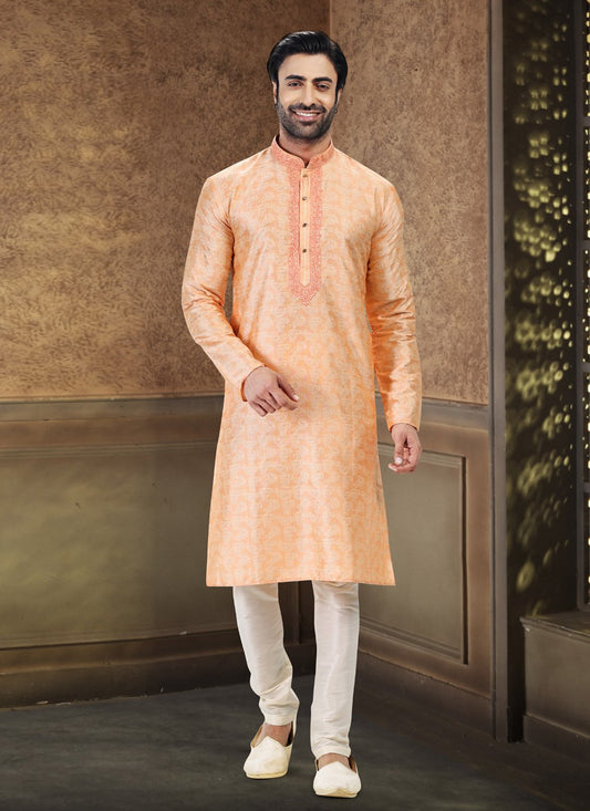 Kurta Pyjama Banarasi Silk Jacquard Peach Fancy Work Mens