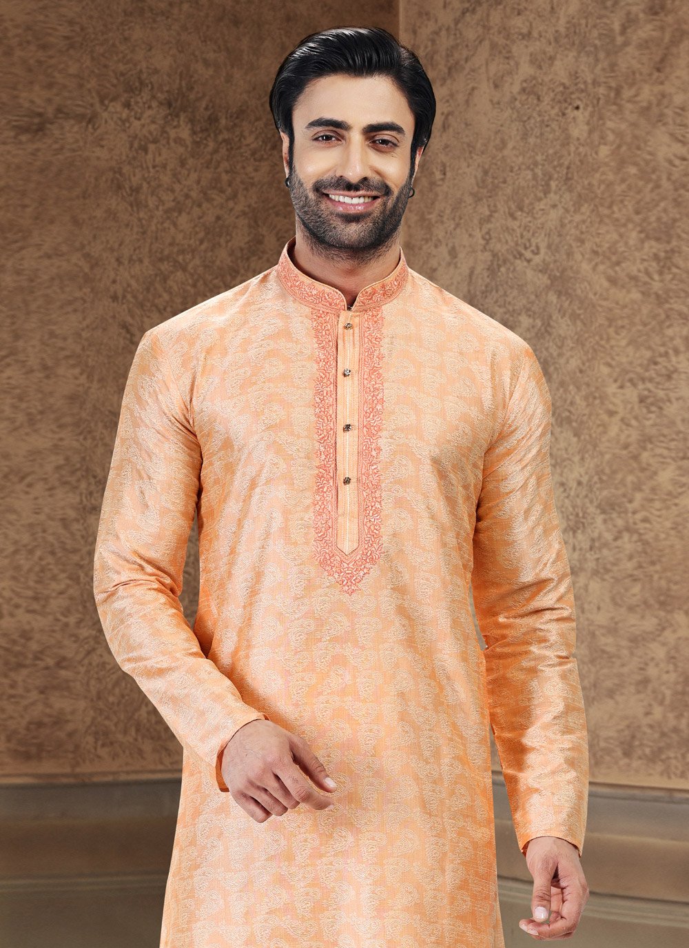 Kurta Pyjama Banarasi Silk Jacquard Peach Fancy Work Mens