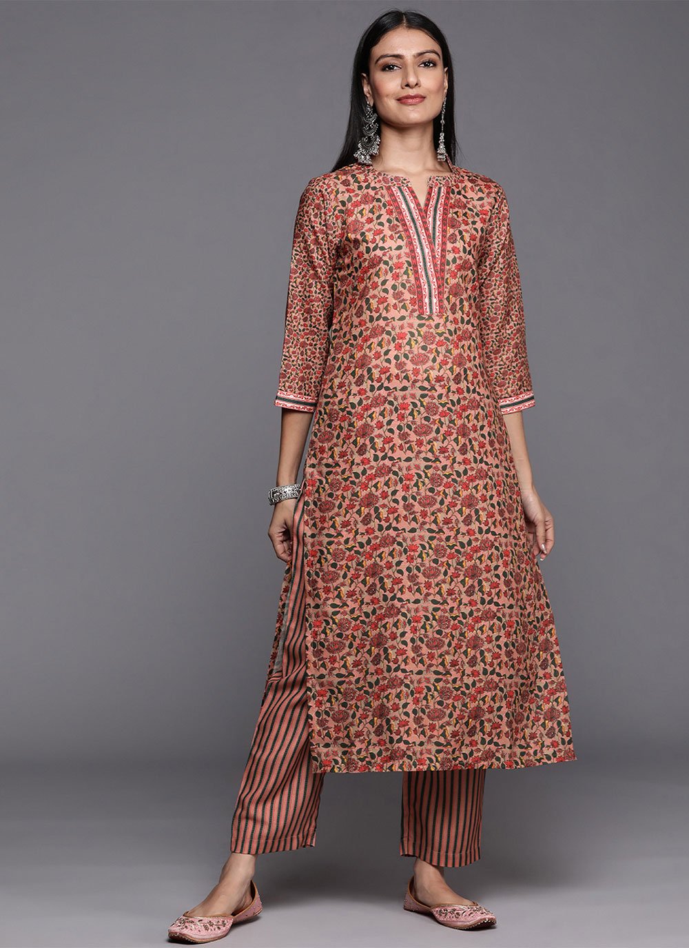 Party Wear Kurti Blended Cotton Peach Print Kurtis