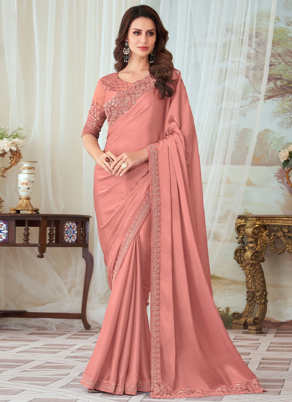 Contemporary Silk Peach Embroidered Saree