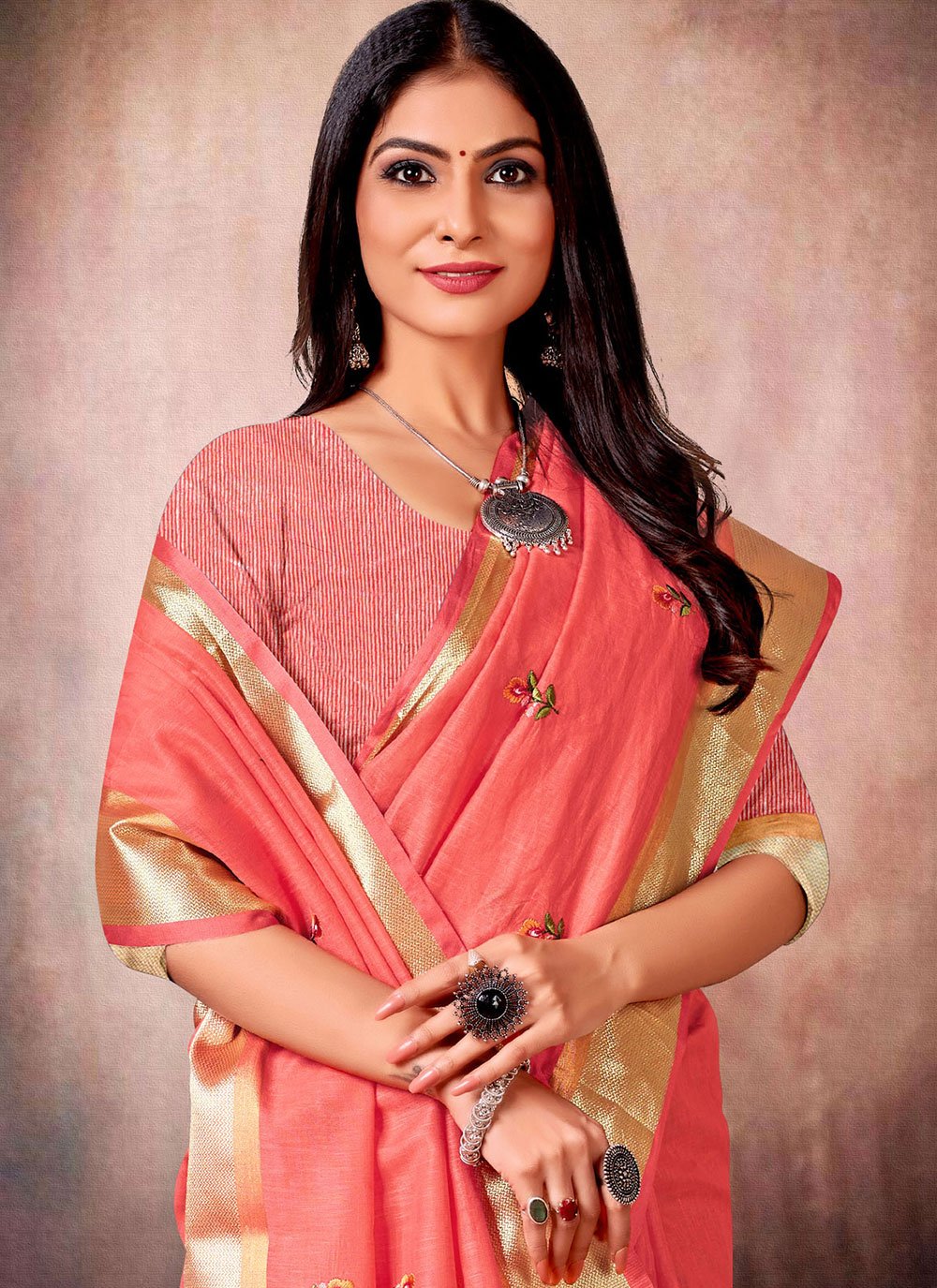 Trendy Saree Linen Silk Peach Embroidered Saree