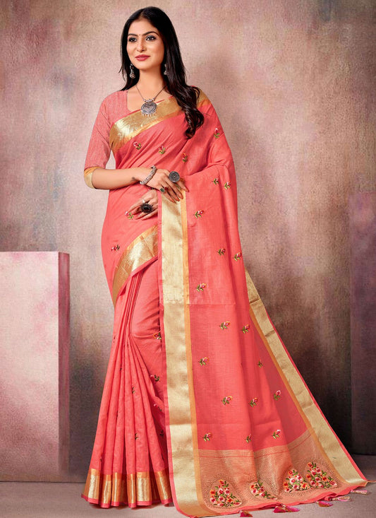 Trendy Saree Linen Silk Peach Embroidered Saree