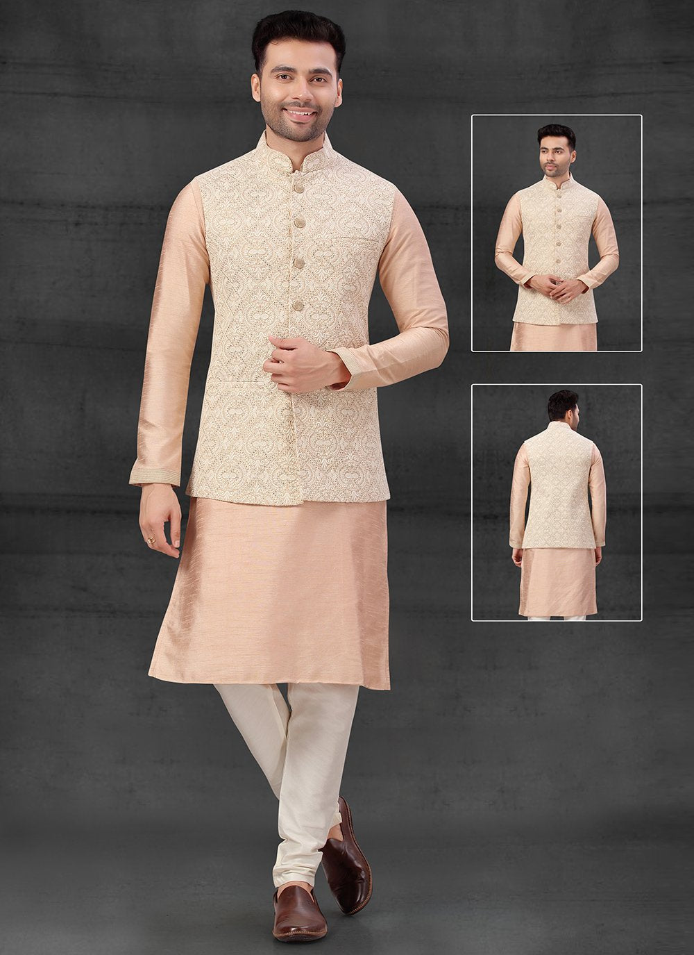 Kurta Payjama With Jacket Silk Peach Lucknowi Work Mens